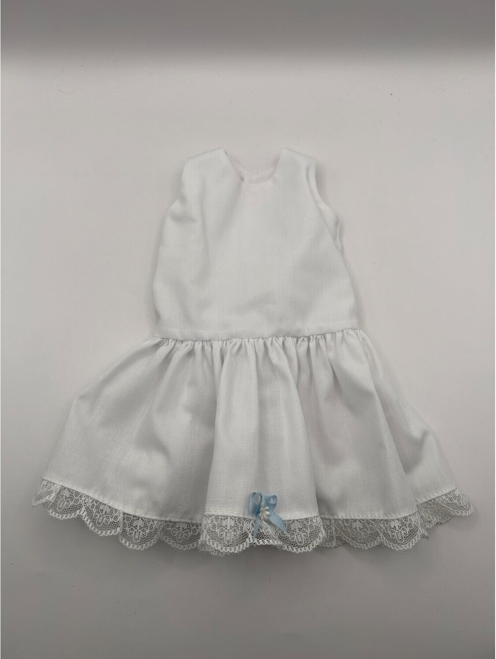 White Doll Dress Sleeveless Lace Hem Trim Blue Ribbon Bow Accent